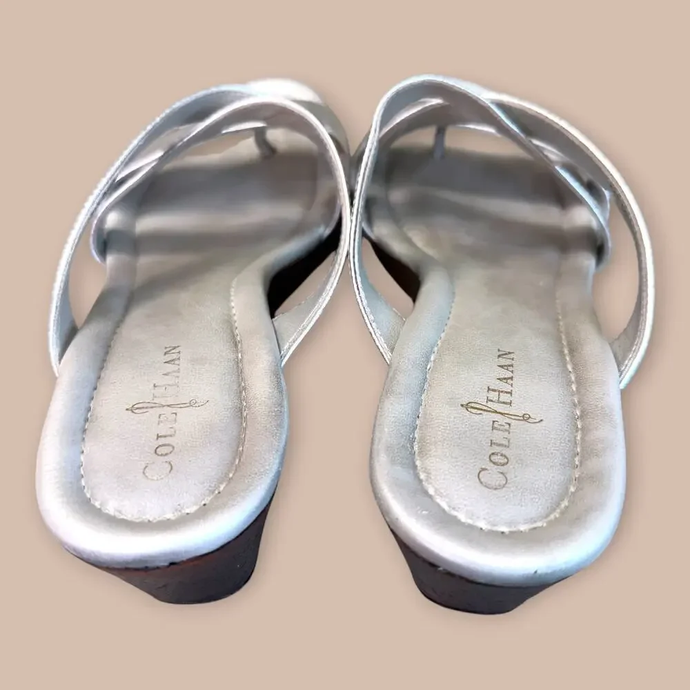 Cole Haan Nike Air Leather Wedge Thong Sandals Slip On Womens Size 6.5B Silver